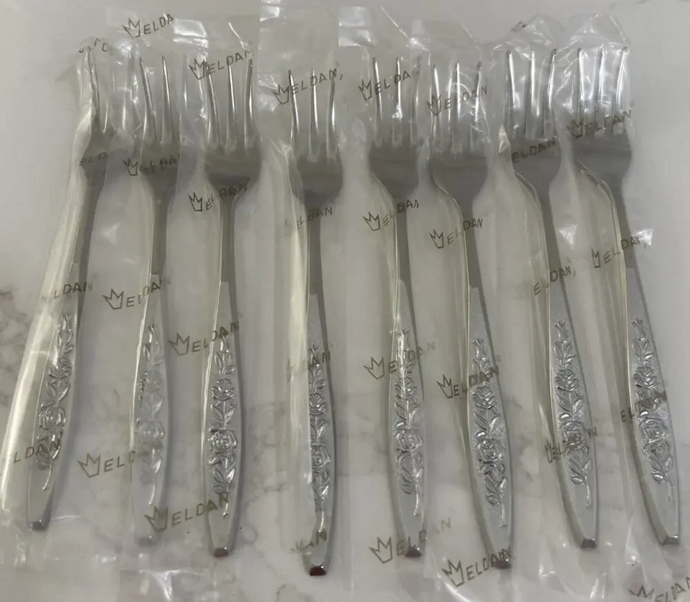 NEW Eldan ELD18 Set Of 8 Seafood Forks MAY ROSE Textured Roses Stainless Vtg MCM